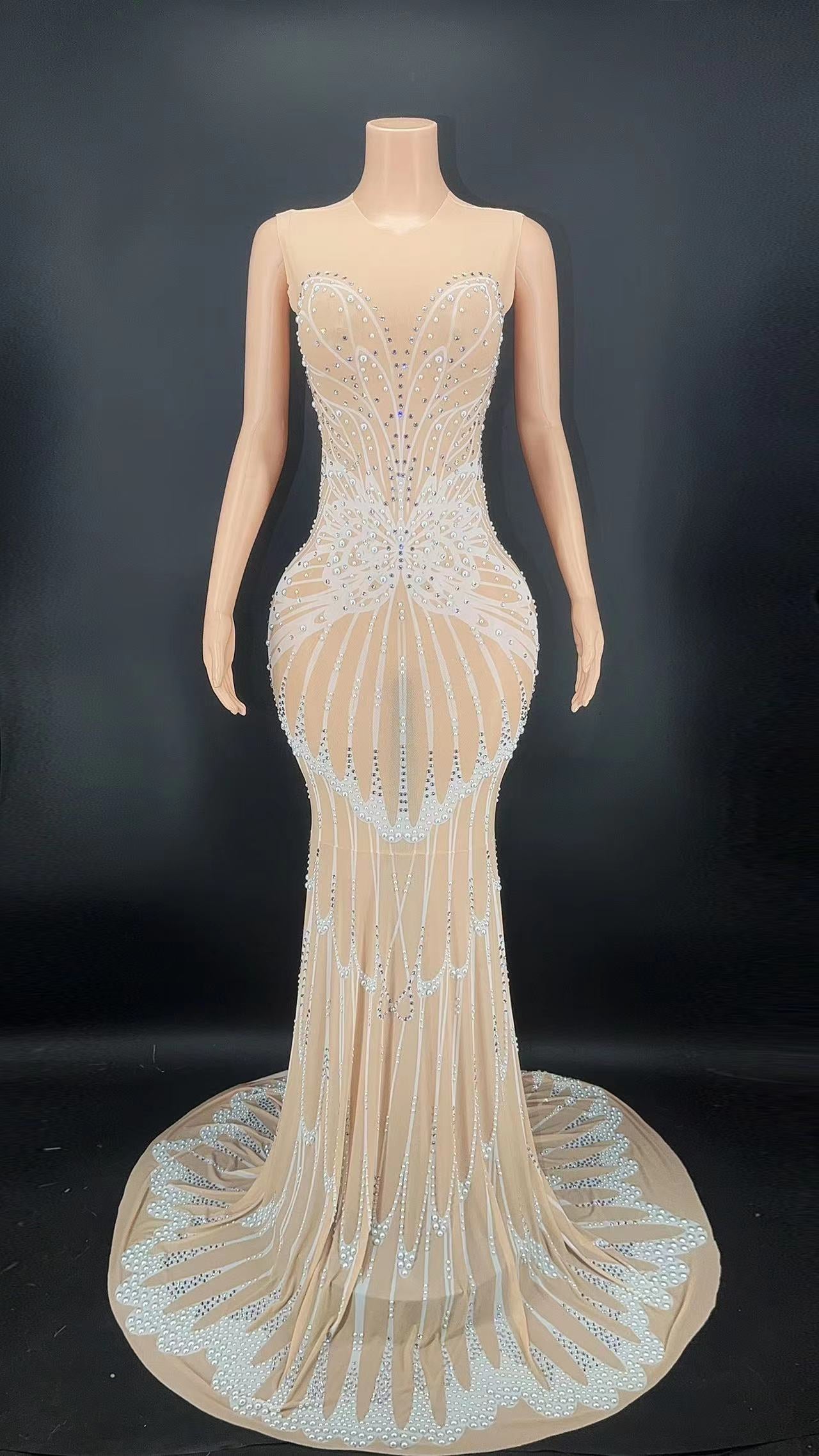 Women Sexy Evening Prom Celebrite Gown Dresses Sparkly Rhinestone Pearls Mesh Transparent Long Dress Singer Show Stage Host Wear