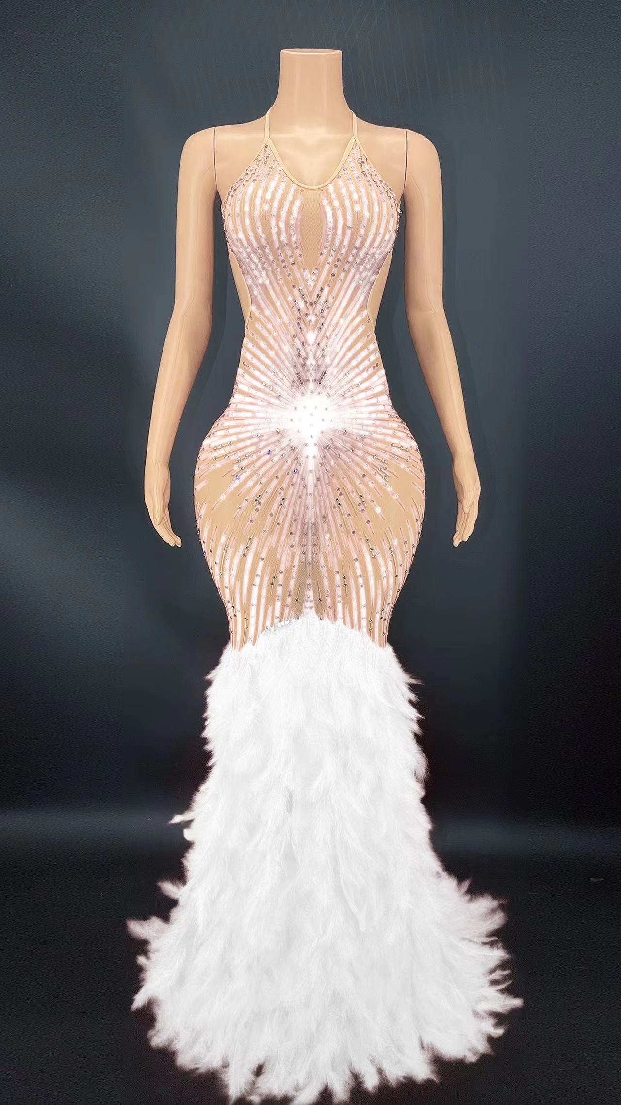 Women Sexy Sparkly Rhinestones Feathers Dress Mesh Transparent Backle