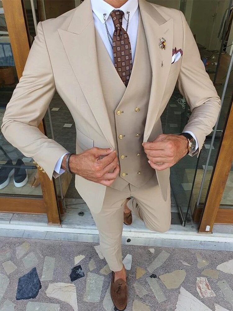Beige Men Suits Peaked Lapel One Button Blazer Jacket Tuxedos Groom Wedding Suit 3 Piece Costume Homme Coat+Vest+Pant