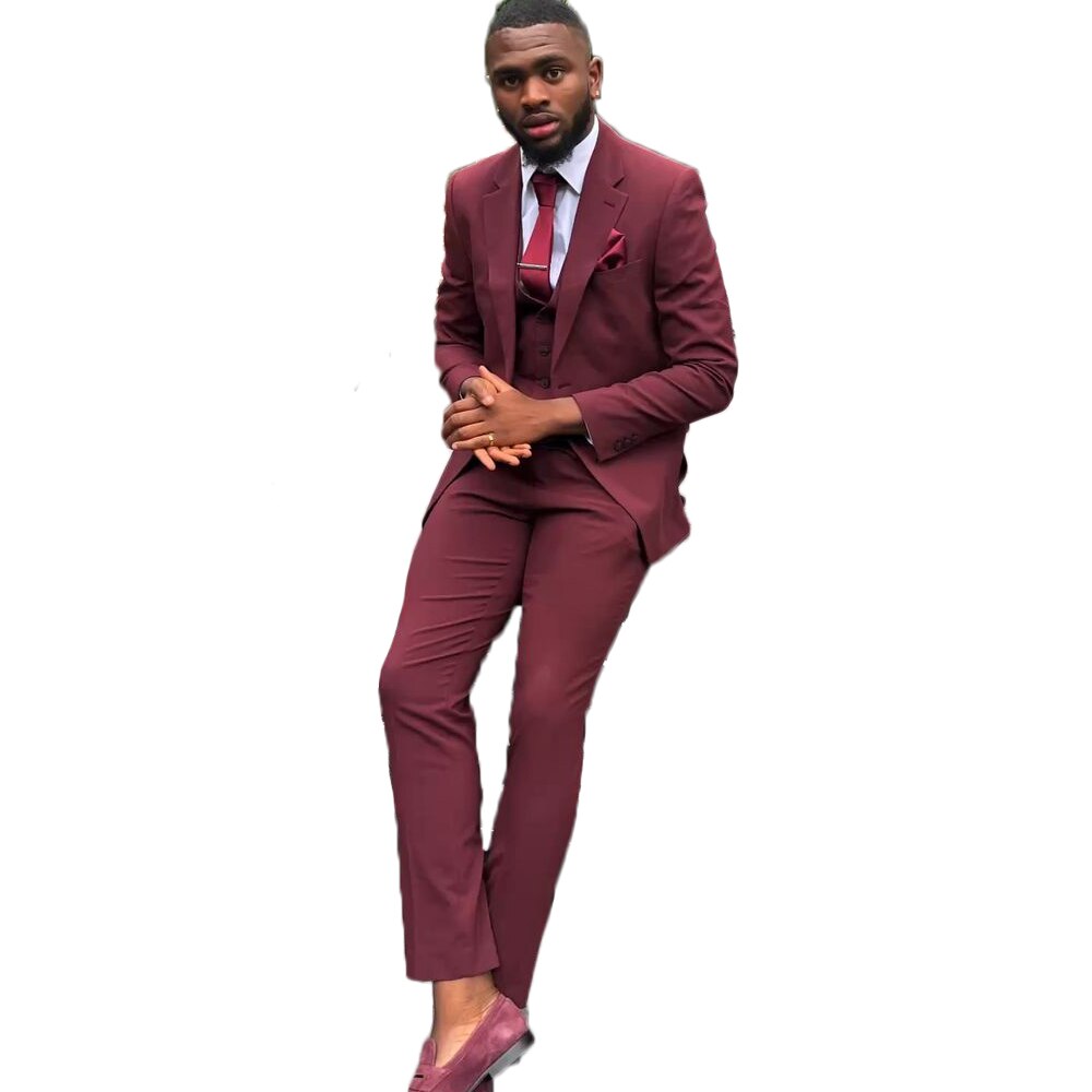 Wine Red Men Suits 3 Pieces Prom Suit for Man Tailored Traje De Hombre Elegante Blazer Tuxedos Coat+Vest+Pant