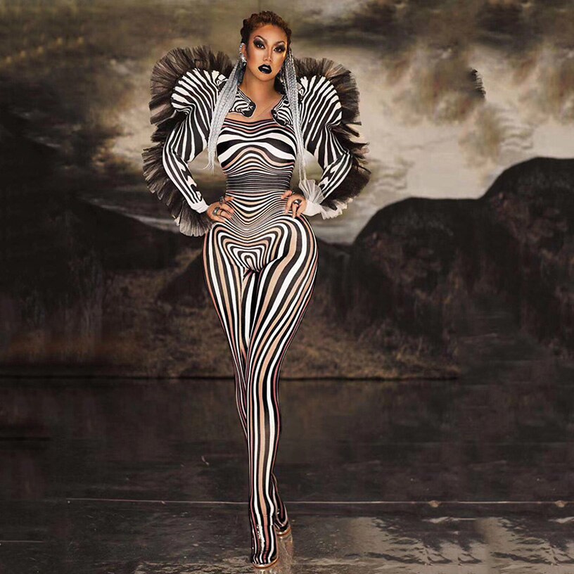 Zebra Pattern Jumpsuit Women Singer Sexy Stage Outfit Bar DS Dance Ho