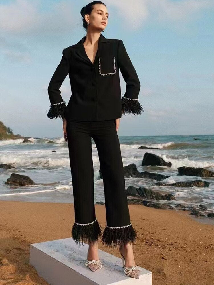 Stylish Designer Runway Suit Set Diamonds Beaded Feather Embellished Jacket Wide Leg Pants Suit