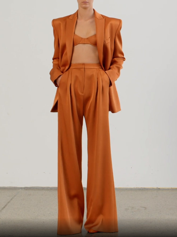 Designer Suit Set Women's Double Breasted Satin Silk Blazer Straight Pants Set