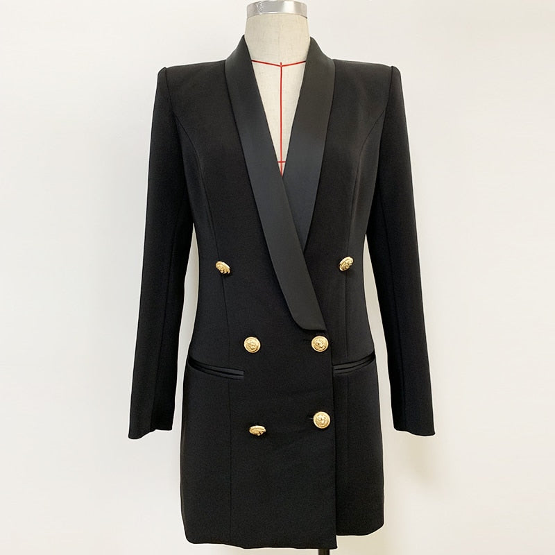 2022 Designer Blazer Jacket Women's Lion Buttons Double Breasted Satin Shawl Collar Long Brazer