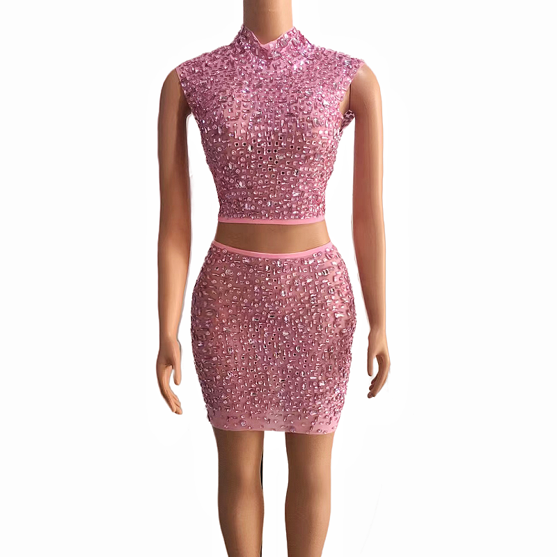Sexy Mesh Transparent Celebrate Evening Prom Party Birthday Dress Women Sparkly Rhinestones Top Short Skirt Two Pieces Dress