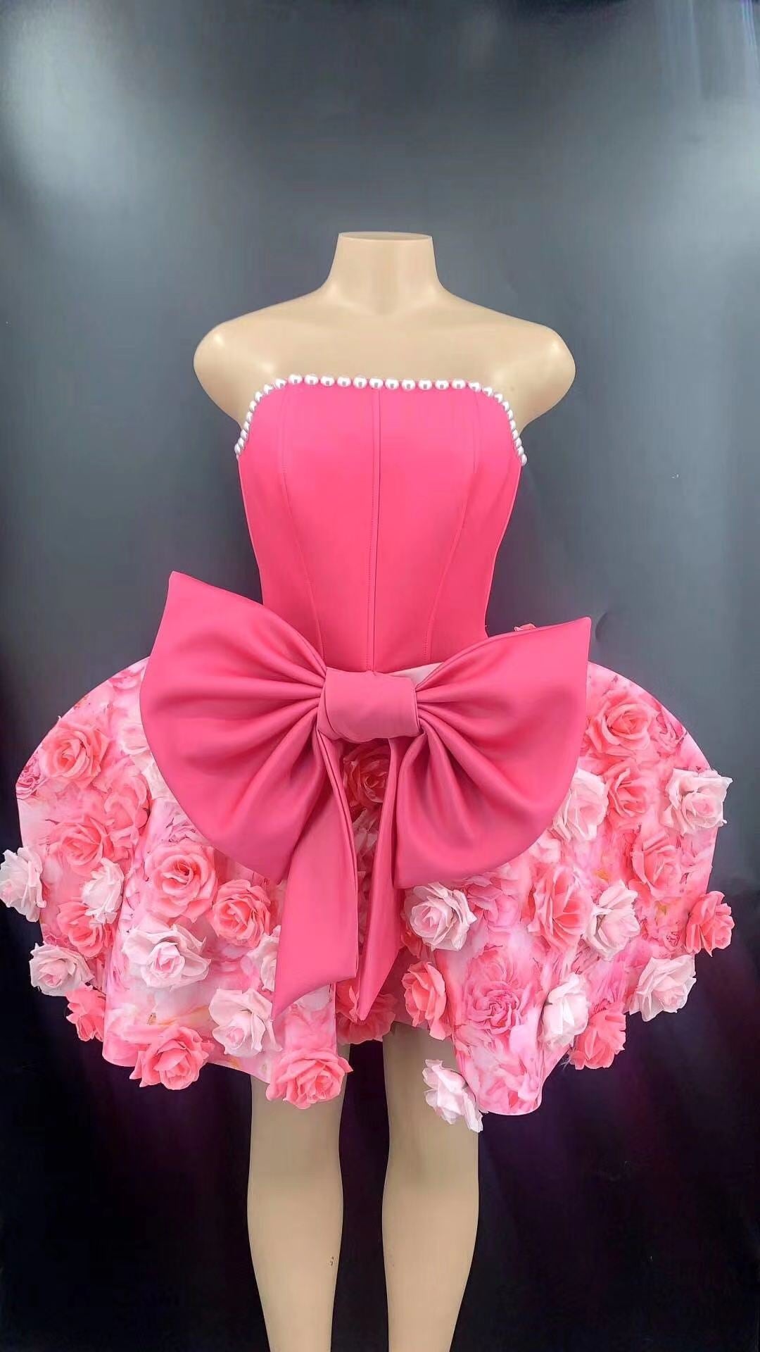 Spring Pink Rose Big Bow Pearl Off the Shoulder Mini Celebrate Girls' Cute Ball Gown Dress