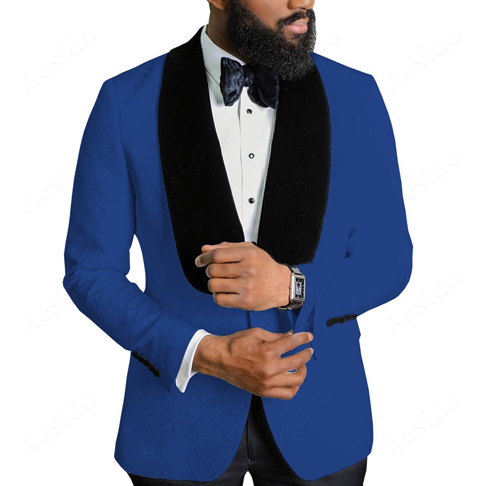 2020 Latest Coat Pant Design Double Breasted Royal Blue Velvet Men&3
