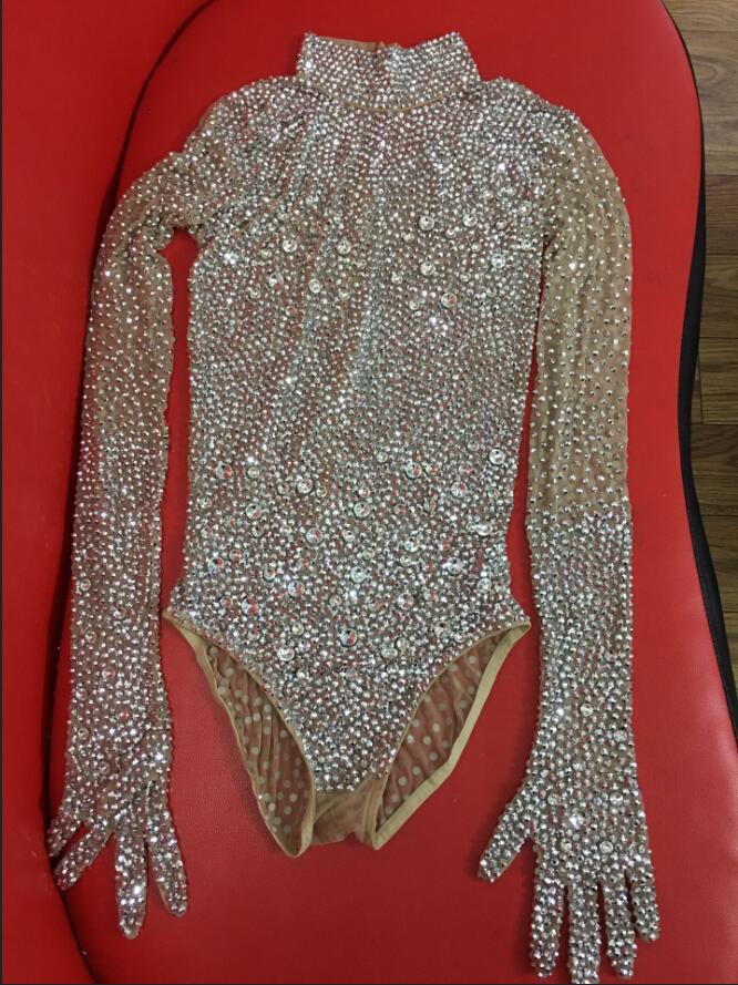 Full Silver Rhinestones Birthday Dress Sparkly Stones Bodysuit Leotard Celebrate Outfit Stretch Mesh Transparent Leggings