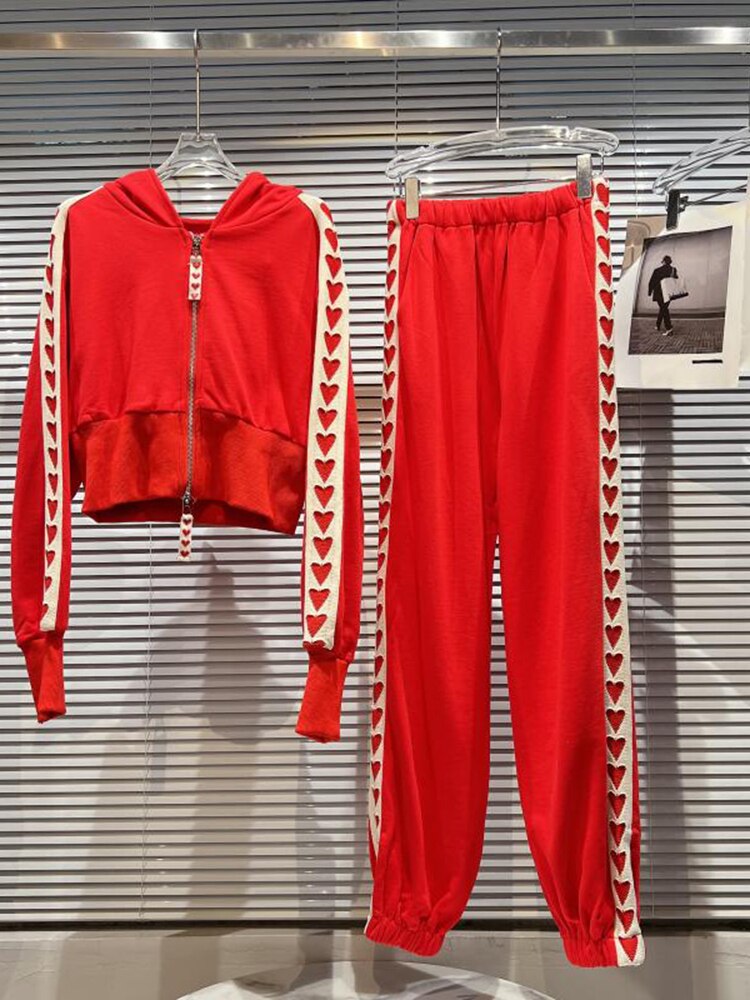 Designer Suit Set Women's Heart Printed  Hoodie Sweatshirt Casual Pants Suit Set