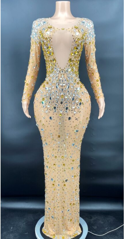Design Gold Big Crystals Transparent Dress Evening Birthday Celebrate Outfit Costume Dancer Flashing Dress