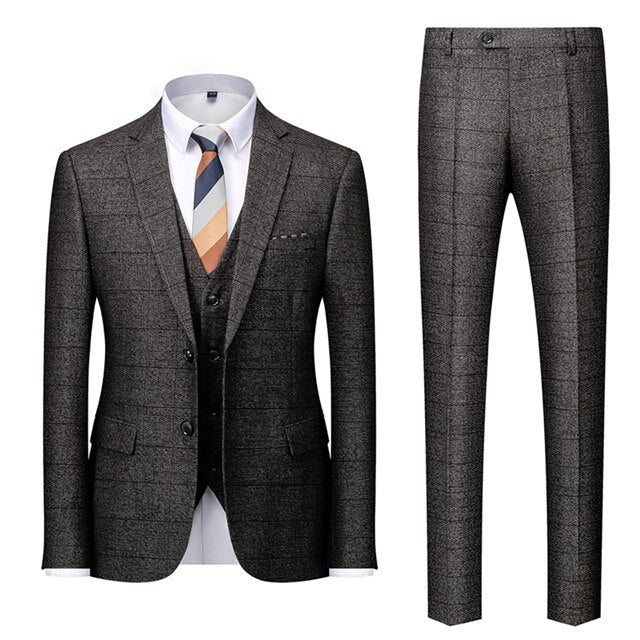 Brand Gray Plaid Suit For Men 2021 New Slim Fit Three Piece Wedding D