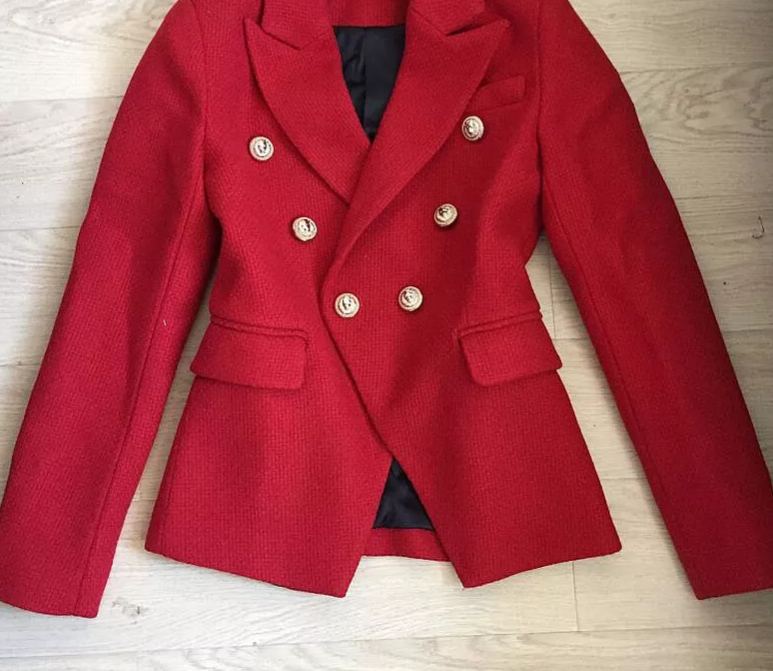Red Tweed Blazer Autumn Long Sleeve Coat Double Breasted Gold Buttons Blazers Women Outer Jackets Winter
