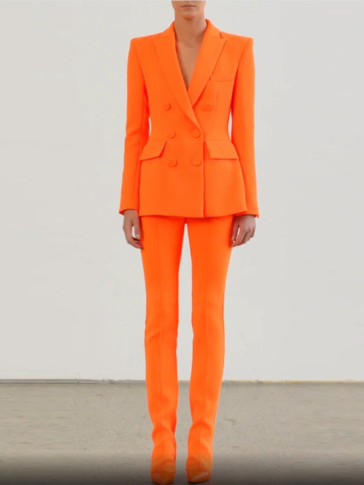Designer Suit Set Women's Double Breasted Slim Fitting Blazer Pencil Pants Set 2pcs