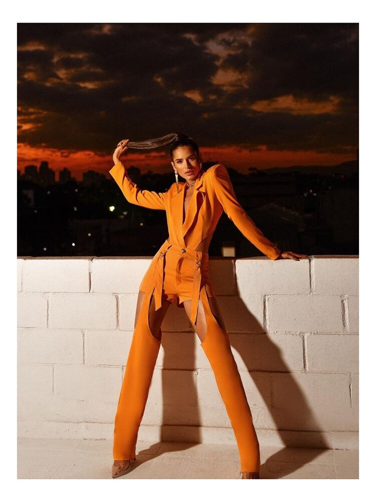 Designer Blazer Suit Set Women's Sexy  Long Sleeve Hollow Out Backless   Adjustable Pants Suit 3pc