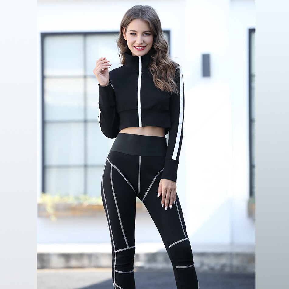 Black Cropped Track Jacket with White Stripe Sweat Pants Leggings with Waistband and Stitch Detail 2 Piece Sweat Suit