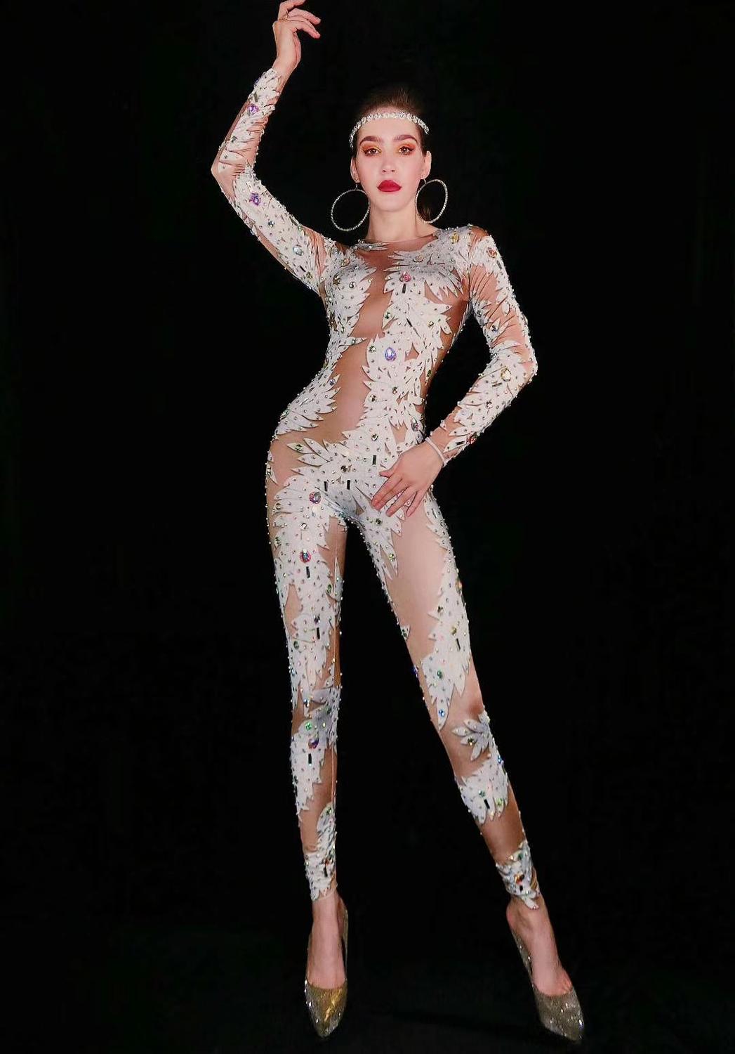 Rhinestones Jumpsuit Elastic Legging Crystal Rompers Sexy Stage Costumes Women Nightclub Party Singer Dancer Bodysuits
