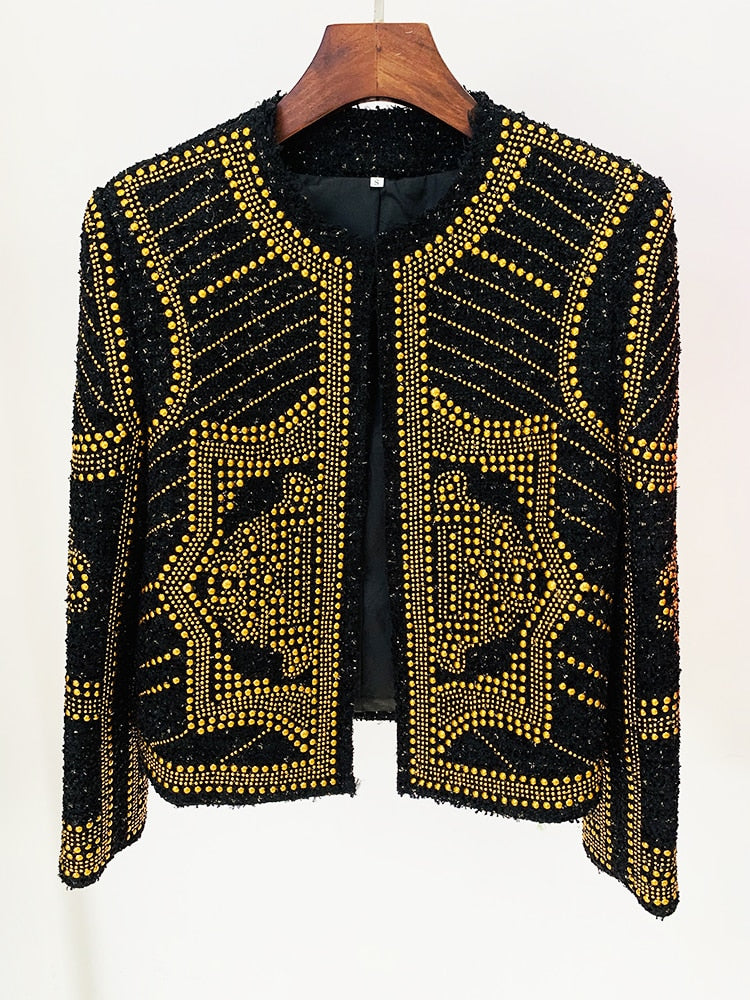 Designer Fashion Women Stunning Metal Rivet Beaded Tweed Jacket
