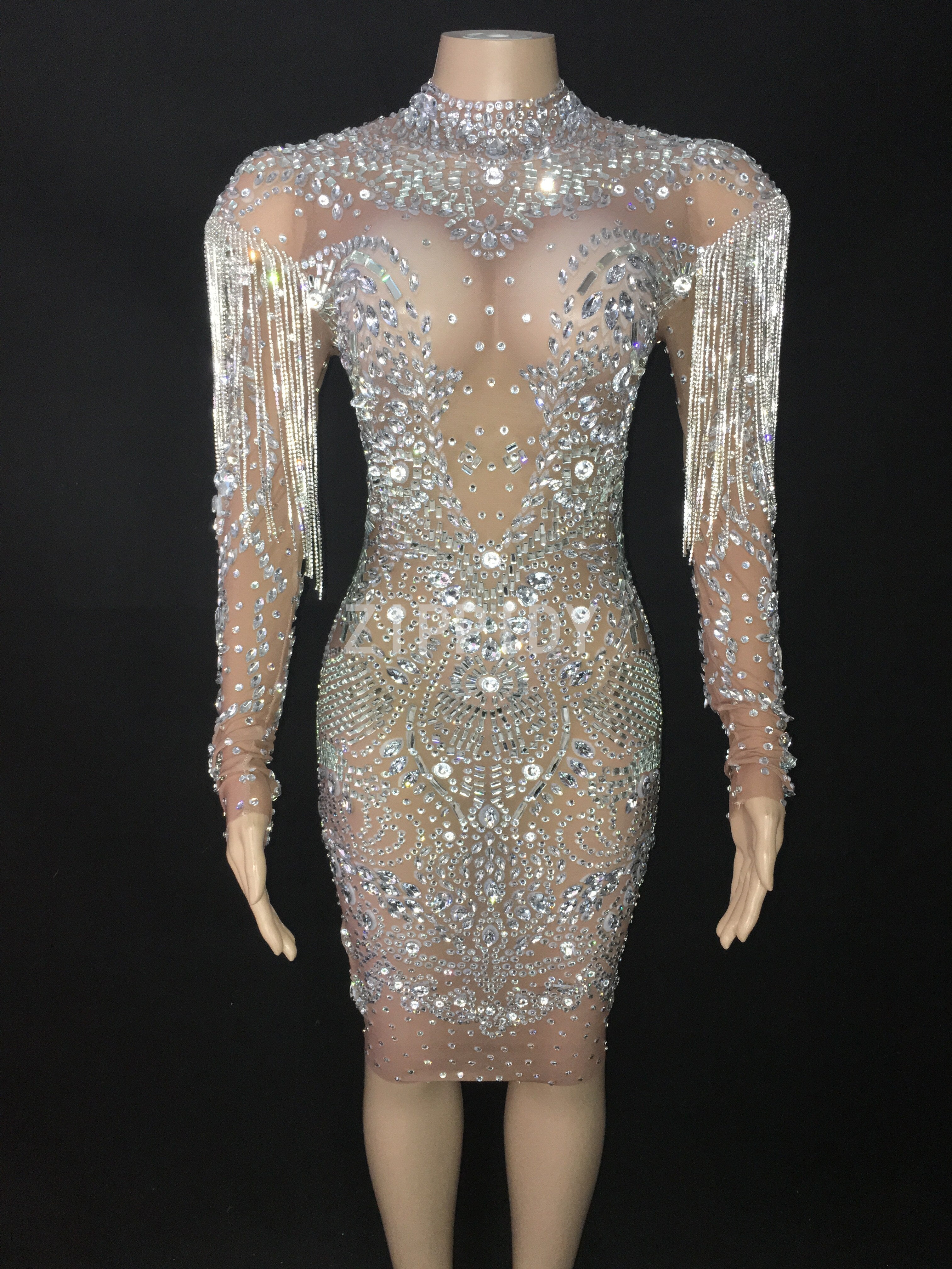Sparkly Silver Rhinestones Fringe Transparent Dress Women's Birthday
