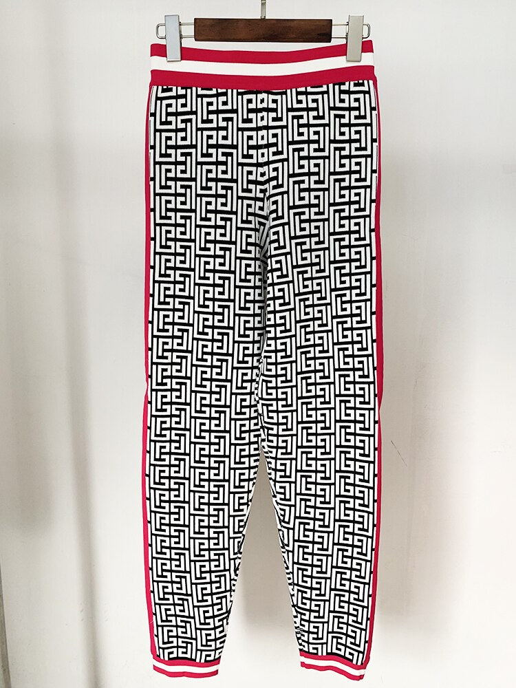 Designer Fashion Women Color Block Ribbons Geometric Monogram Jacquard Knit Pullover Sweater