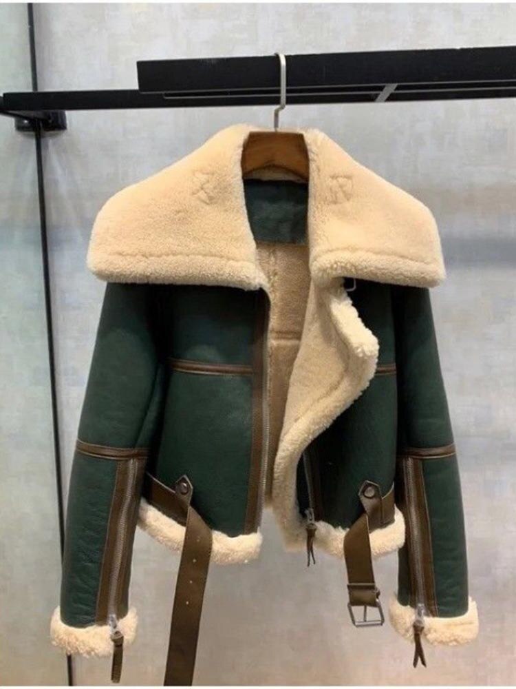 Winter Designer Jacket Women's Zippers  Synthetic Leather Fur Jacket Overcoat