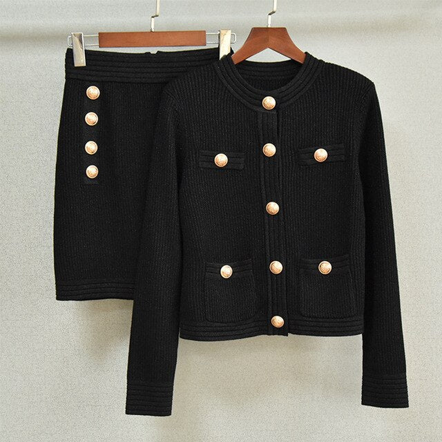 Designer Runway Suit Set Women's Color Block Single Breasted Knitted Sweater Jacket Skirt Suit