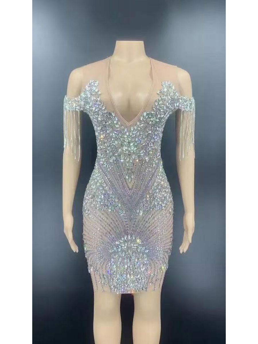 Sparkly Rhinestones Mesh Midi V-neck Dress Bar Birthday Celebrate Dress Stretch Women Dance Singer Performance Costume Dress