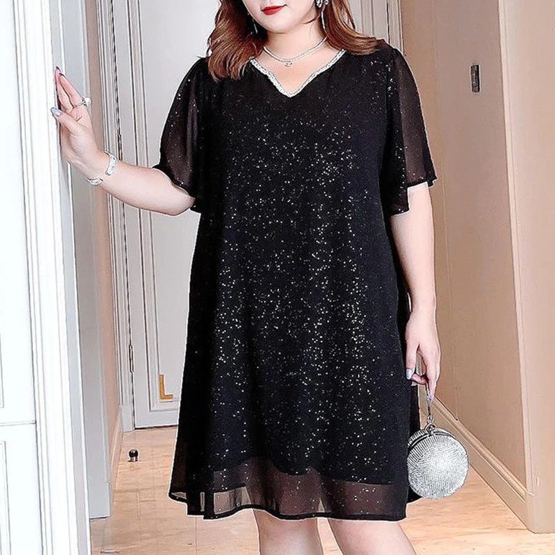 Plus Size 5XL 150kg Women Sequin Black Dressess Summer Short Sleeve Ch