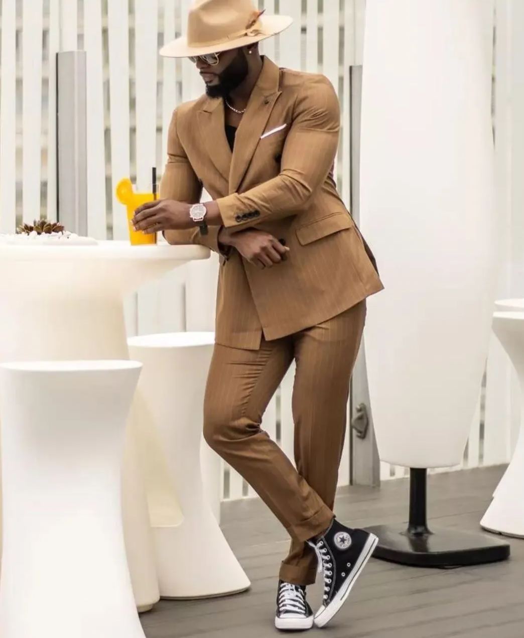 Khaki Pinstripe Men Suits Peaked Lapel Double Breasted Blazer Sets Mens Travel Business Suit Costume Homme 2 Piece Tuxedo+Pant