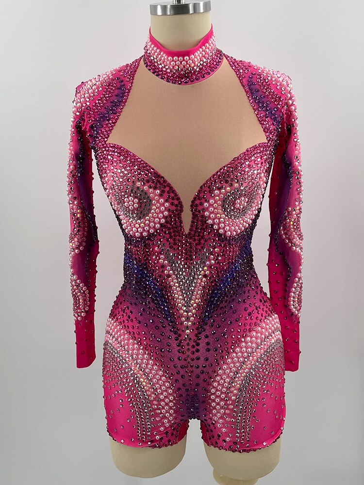 Sparkle Full Rhinestones Jumpsuit Sexy Pink Pearl Bodysuit Club Party Birthday Spandex Leotard Drag Queen DS Pole Dance Clothing