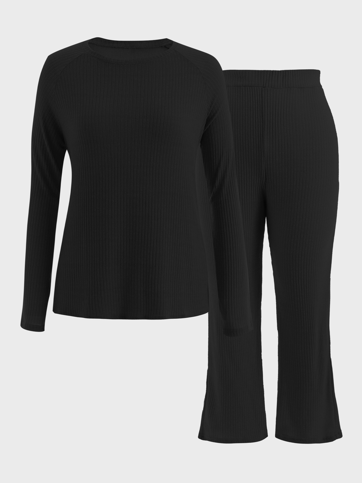 Midsize Ribbed Knit 2-Piece Lounge Set Black  | Hemwave - Midsize Fashion