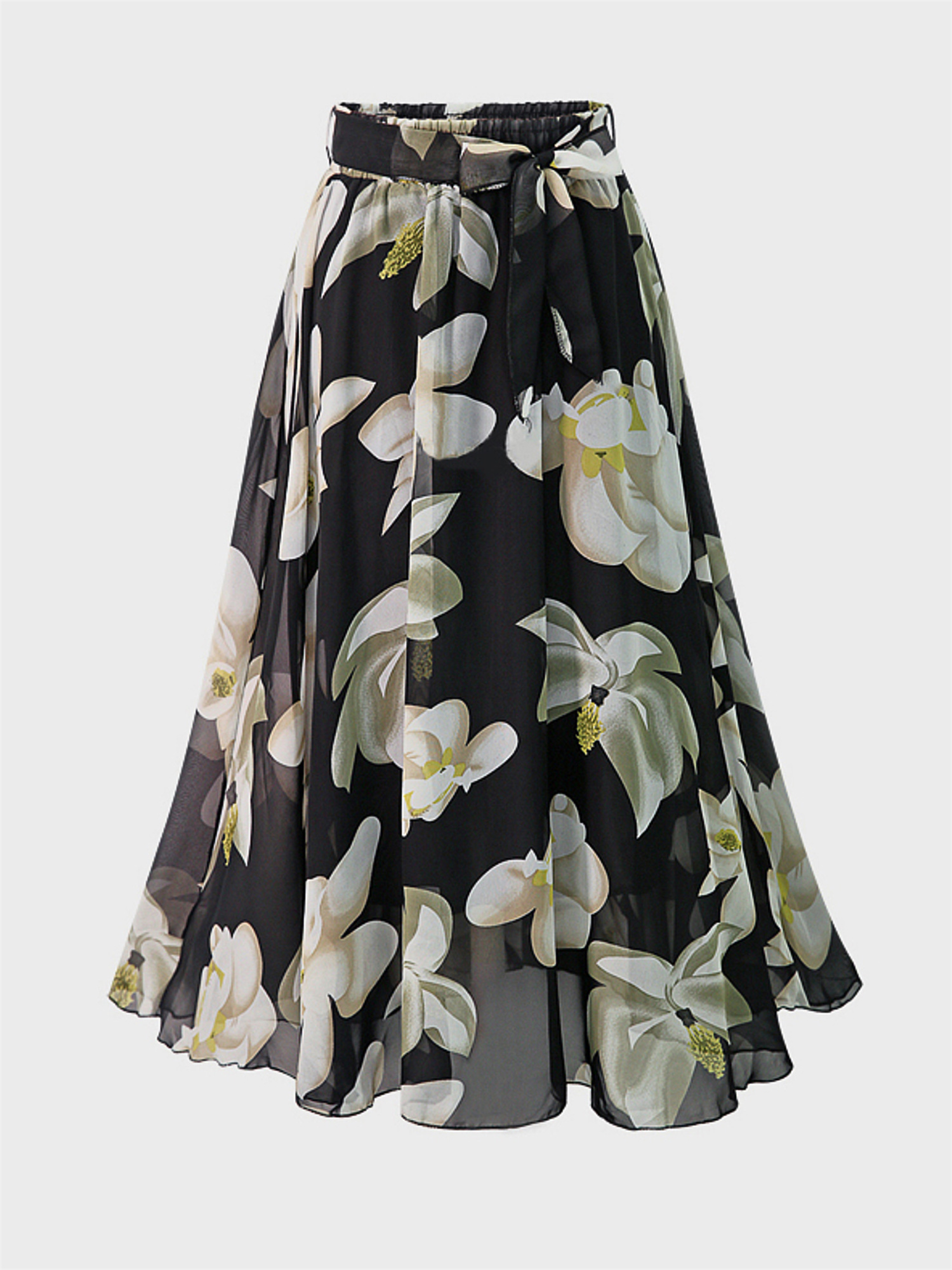 Black Midsize Floral Tie Ruffle Skirt | HEMWAVE - Midsize Fashion