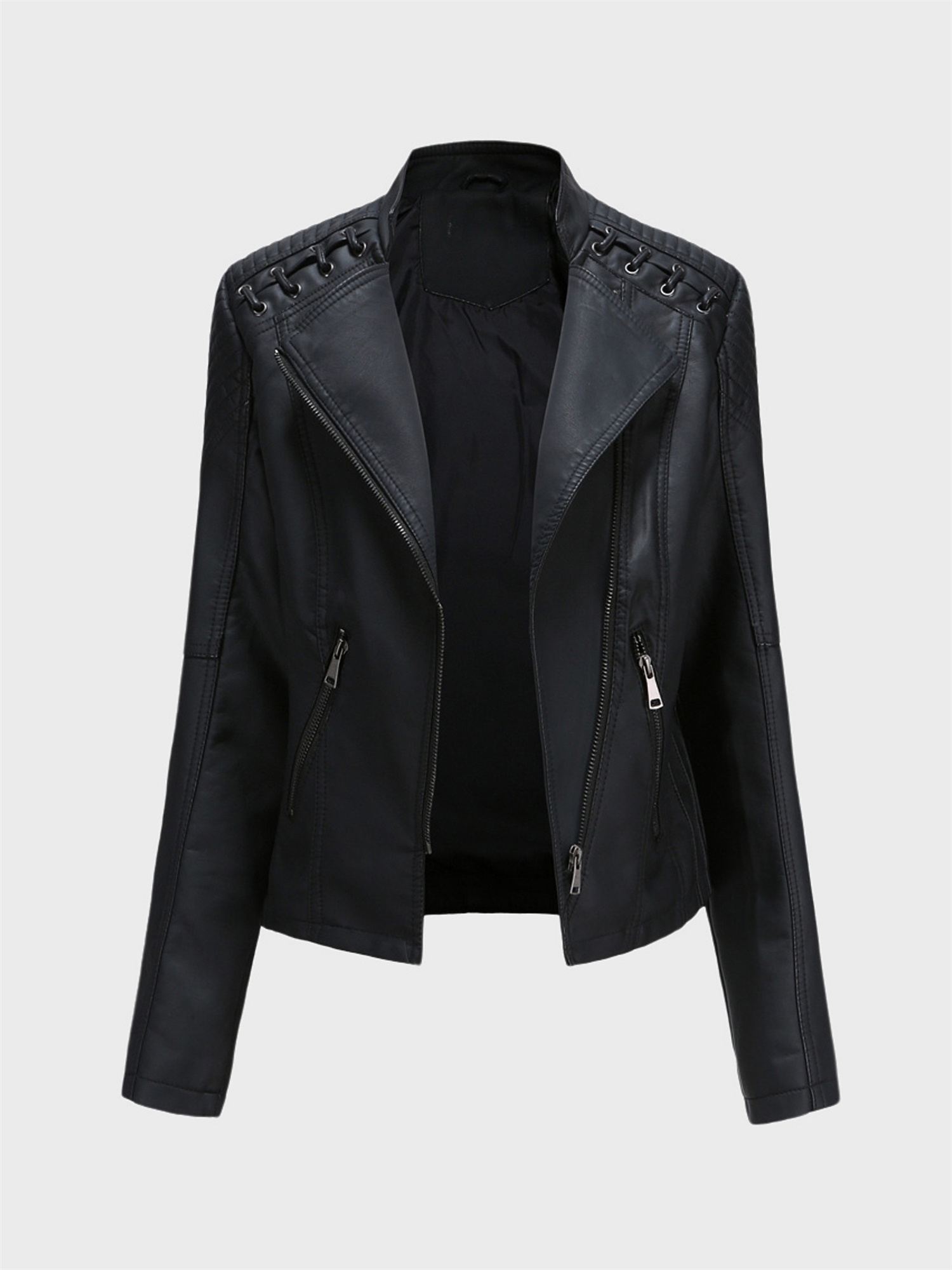 Black Midsize Simplicity High Waist Leather Jacket | Hemwave - Midsize Fashion