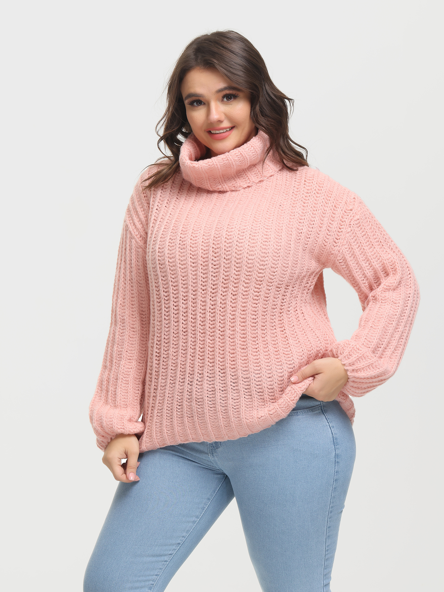 Midsize Puffy Turtleneck Long Sleeve Knit Pullover Sweater