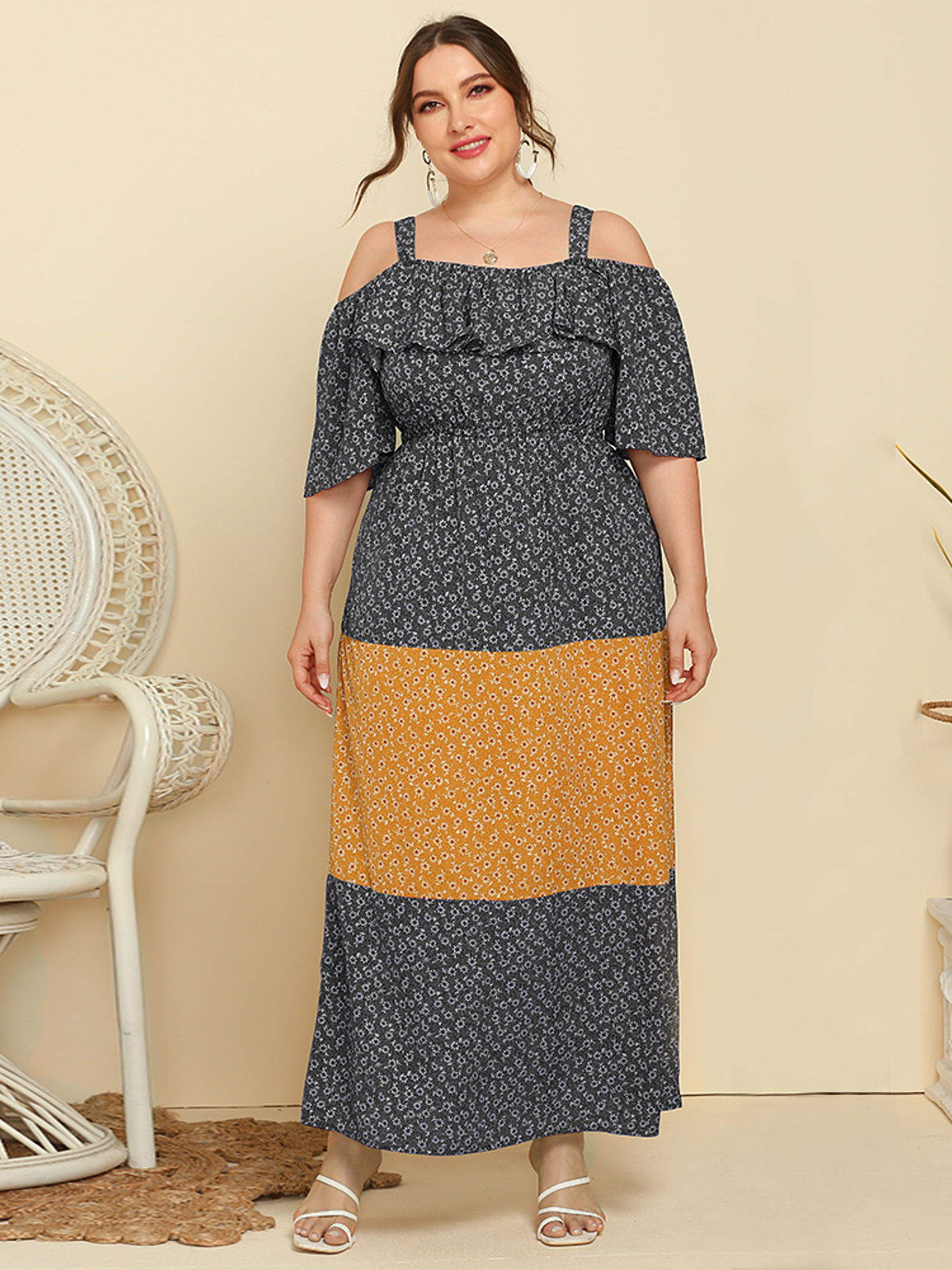 Black Midsize Ruffle Color-Block loose Floral Camisole Dress  | HEMWAVE - Midsize Fashion