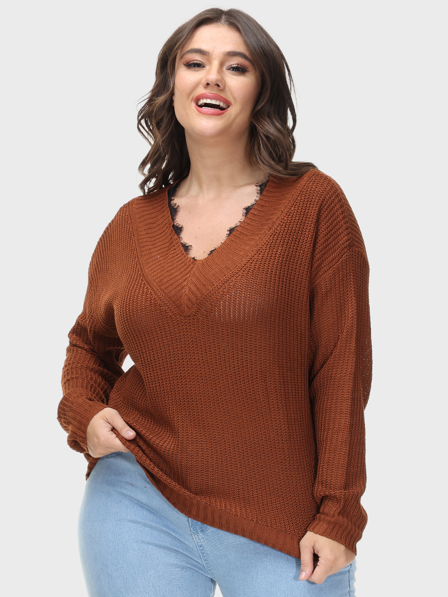 Loose V-Neck Lace Sweater