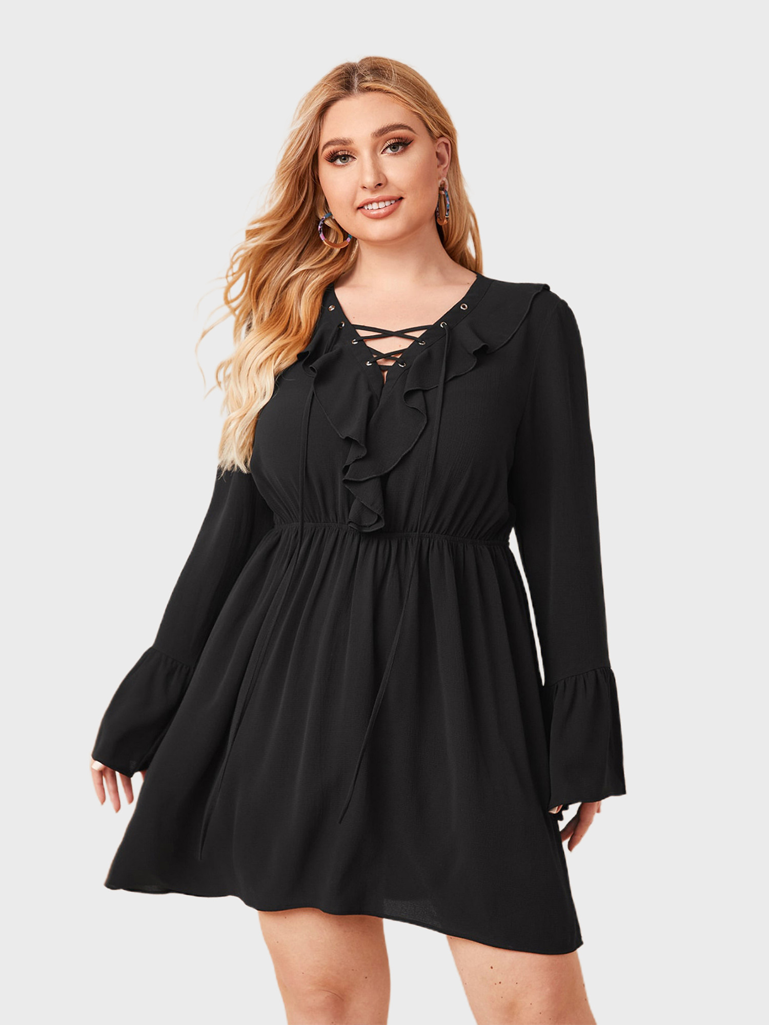 Black Midsize Ruffle Lace-up Flared Sleeve Dress | HEMWAVE - Midsize Fashion
