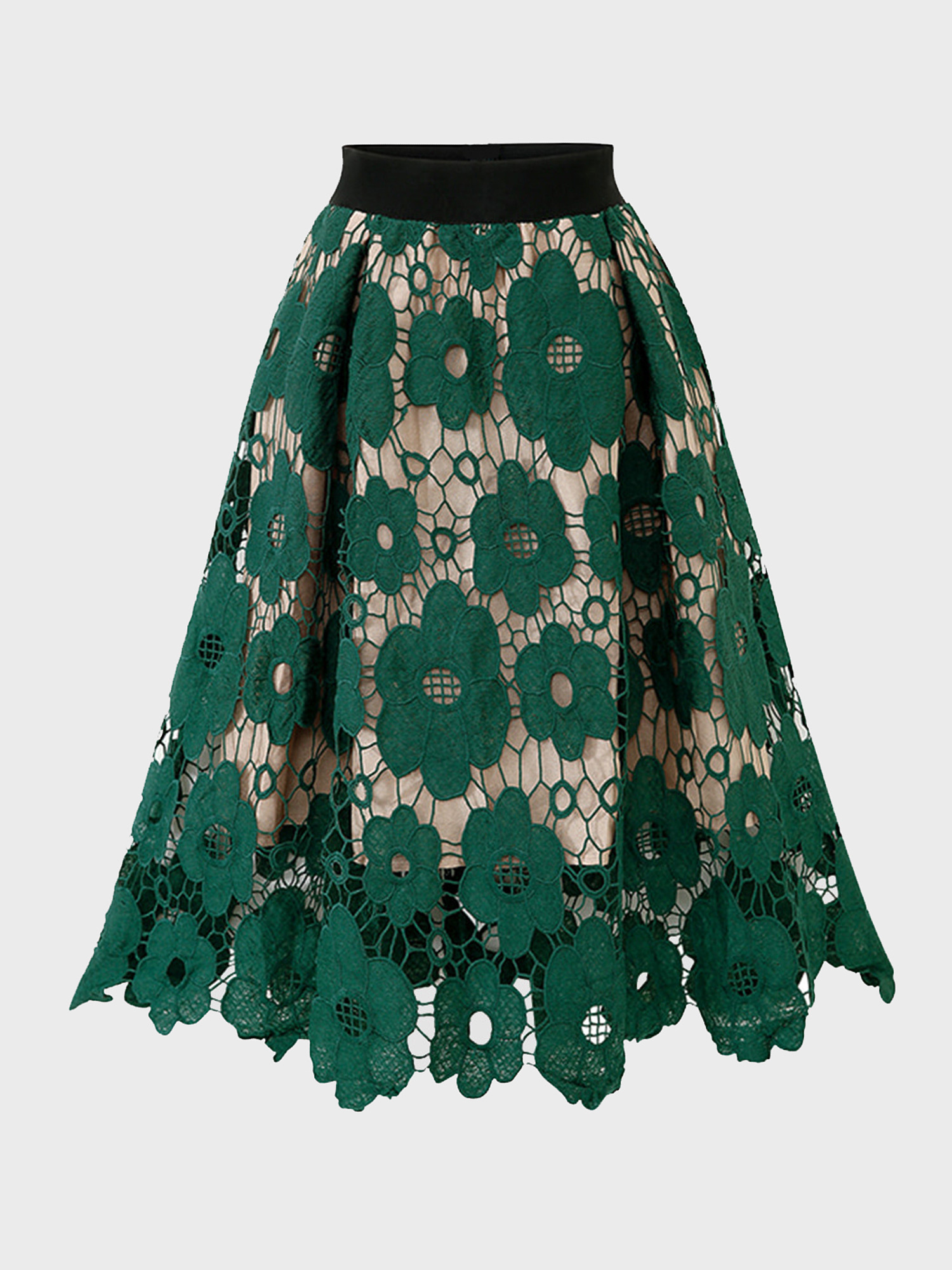 Green Midsize High Waist Lace Hollow Floral Skirt  | HEMWAVE - Midsize Fashion