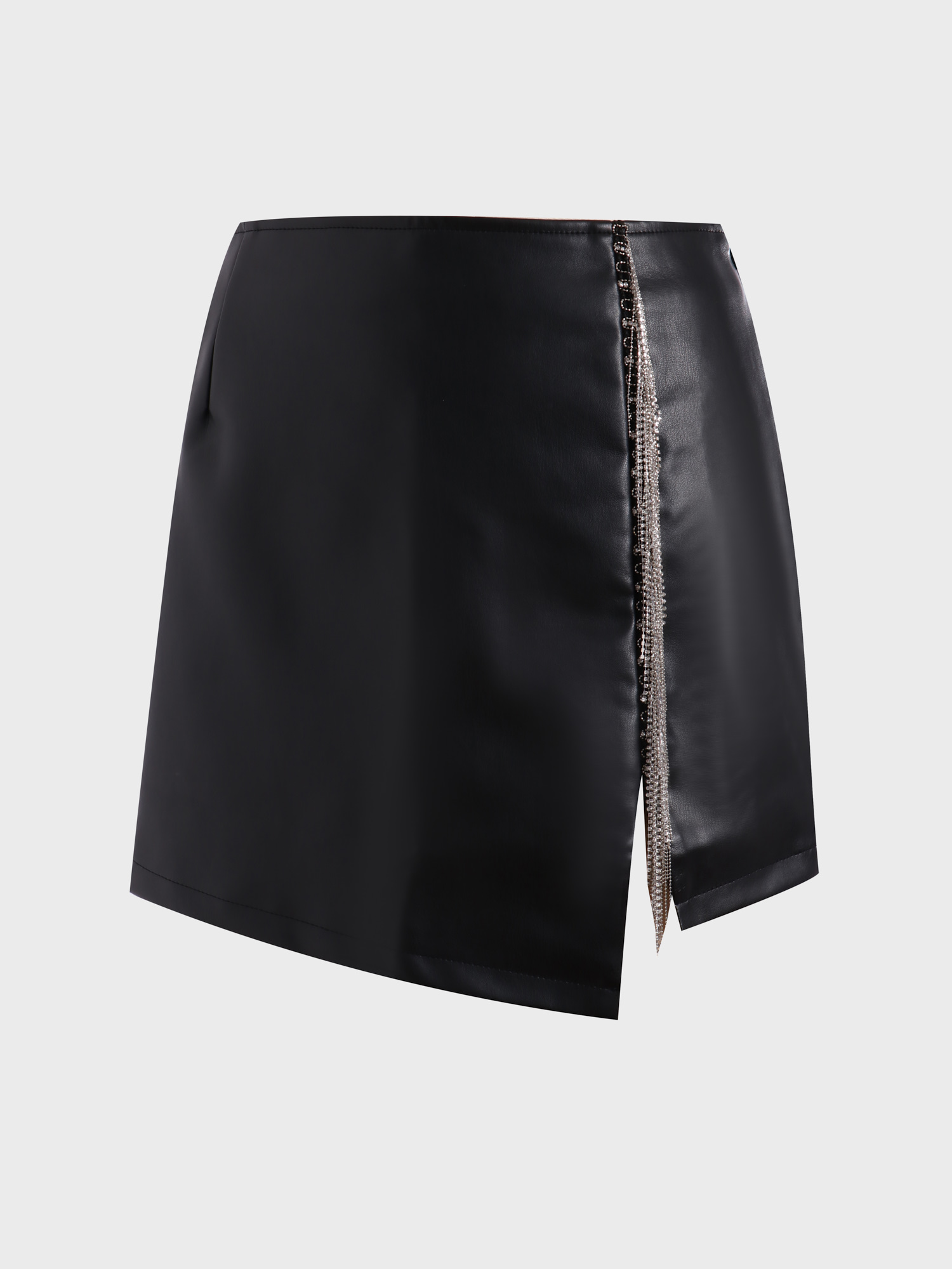 Black Midsize Fringe Stretch Leather Skirt with Side Split | Hemwave - Midsize Fashion