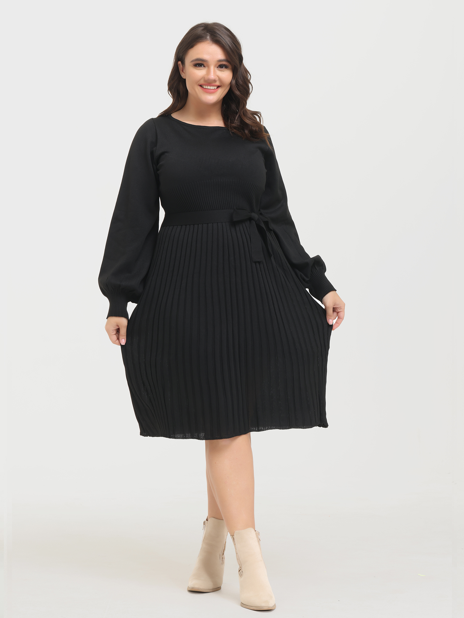 Midsize Puff Sleeve Slim Fit Tie-Up Pleated Knit Dress