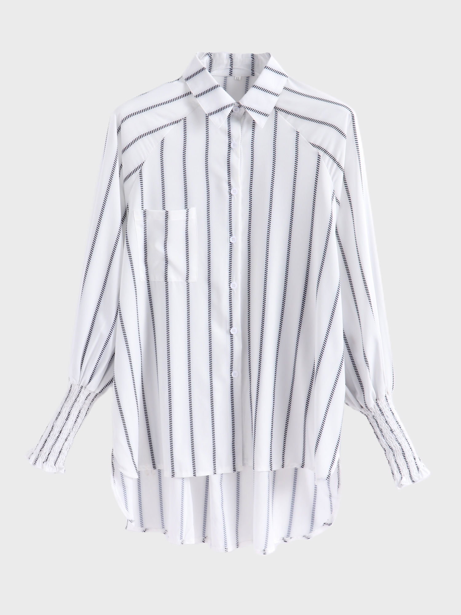 Black and White Midsize Lapel Striped Elastic Cuffs Long Sleeve Shirt | Hemwave - Midsize Fashion