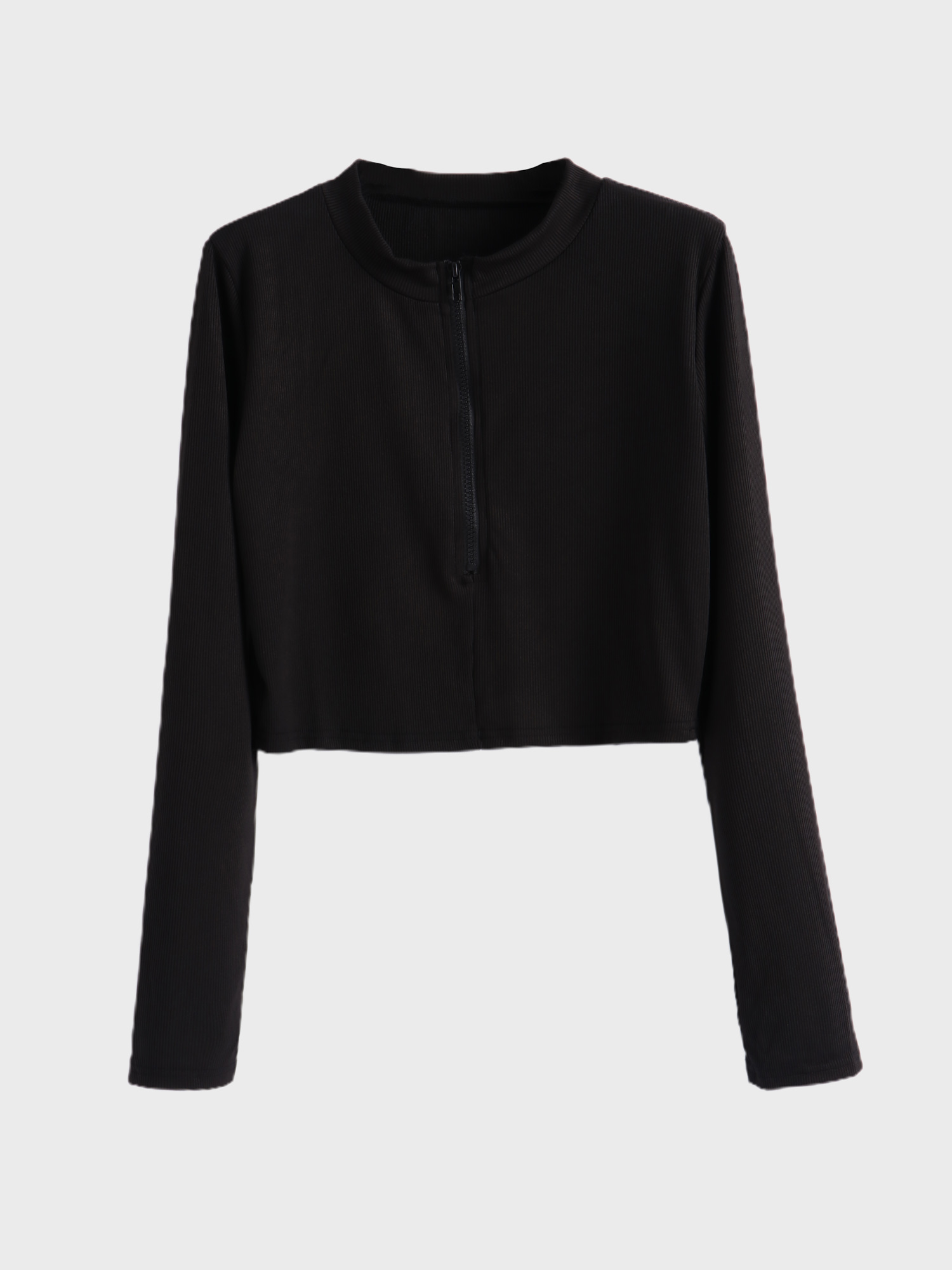 Black Midsize 1/2 Zipper Stand Collar Cool Crop Top | HEMWAVE - Midsize Fashion