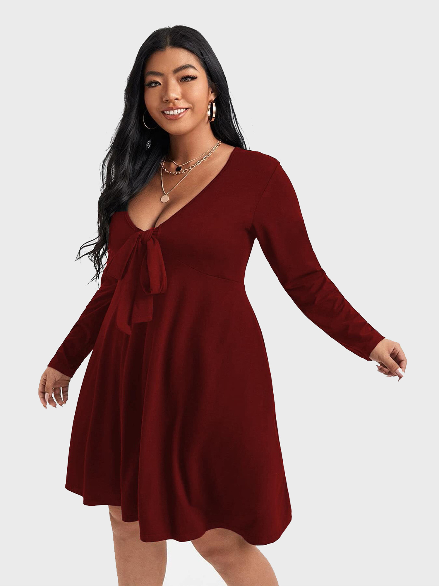 Wine Red Midsize Sexy Deep V-Neck Tie Long Sleeve Dress  | HEMWAVE - Midsize Fashion