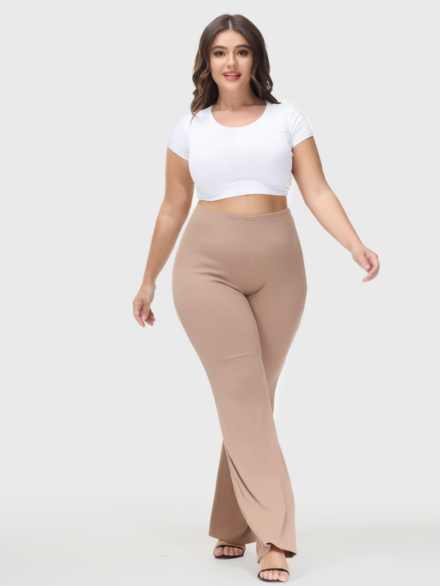 Casual High Waist Drop Flared Ribbed Pants