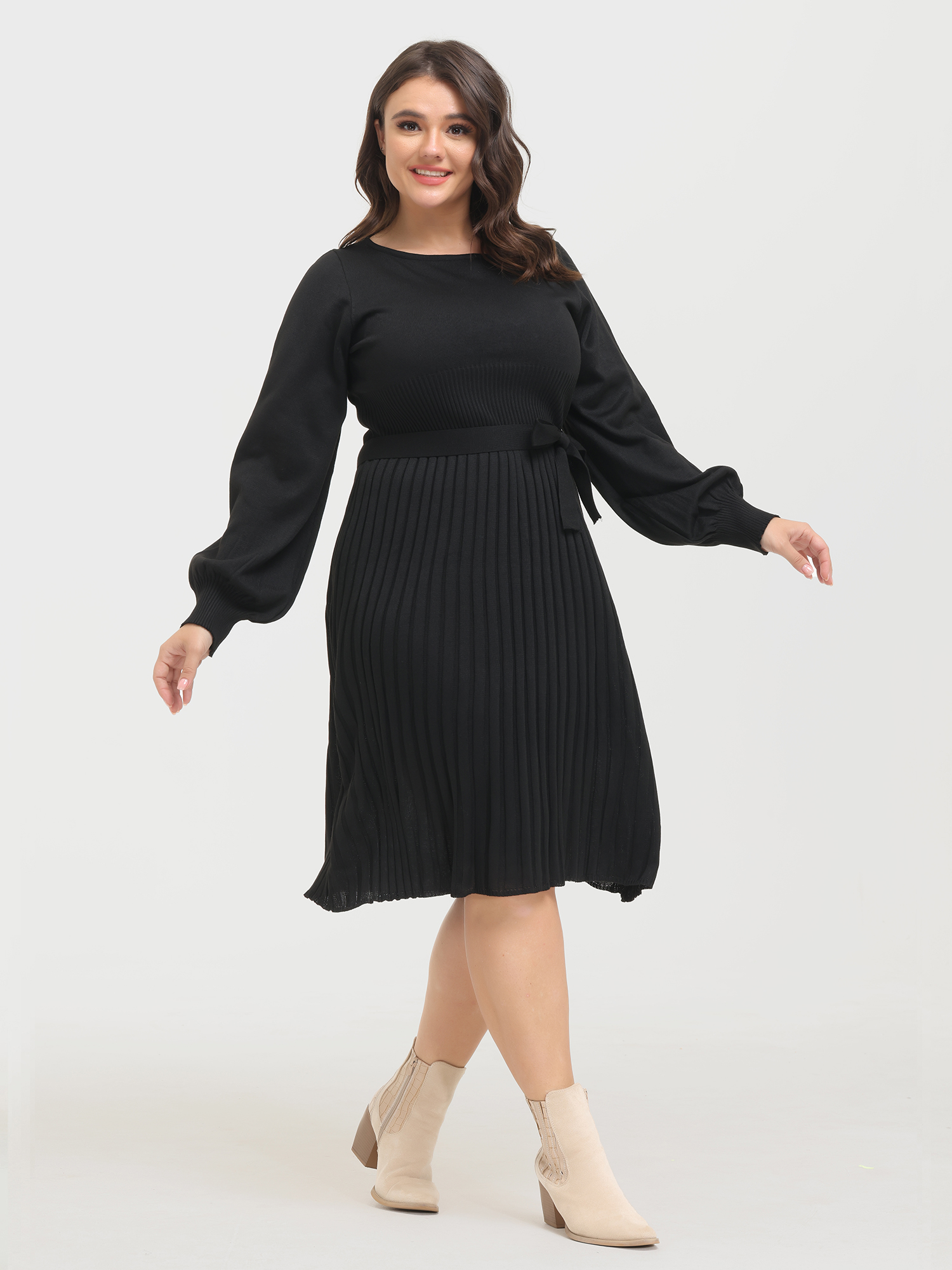 Puff Sleeve Slim Fit Tie-Up Pleated Knit Dress