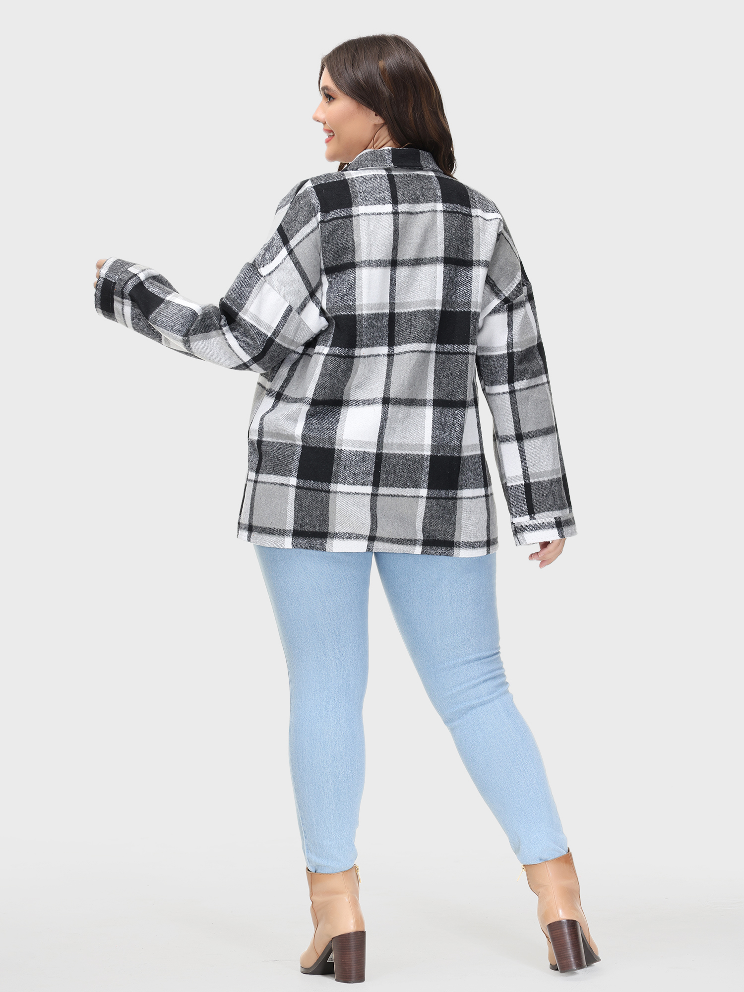 Long Sleeves Loose Lapel Plaid Tweed Shacket