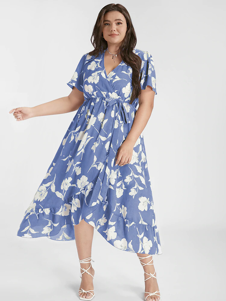 Floral Ruffle Knot Side Wrap Dress(Buy 2 Free Shipping)