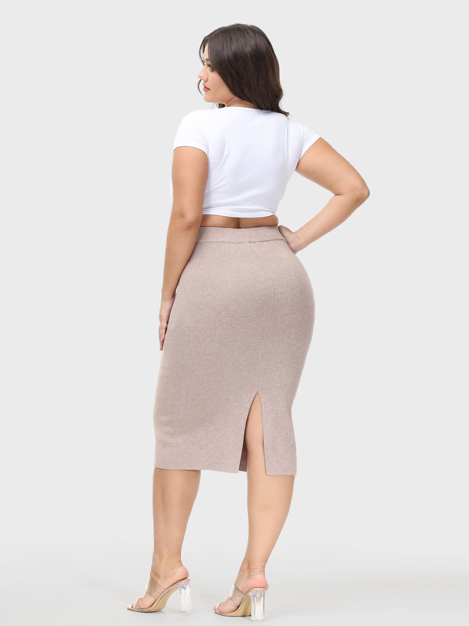 High-Waisted Slit Hip-Wrap Midi Skirt