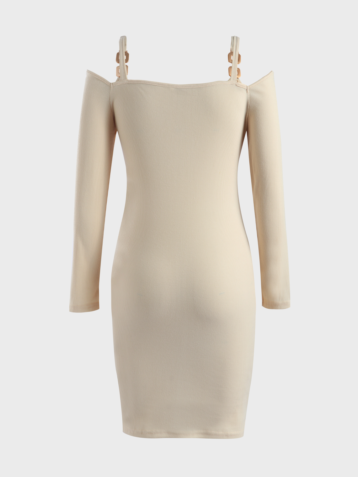 Deep-V Ribbed Knitted Long Sleeve Dress