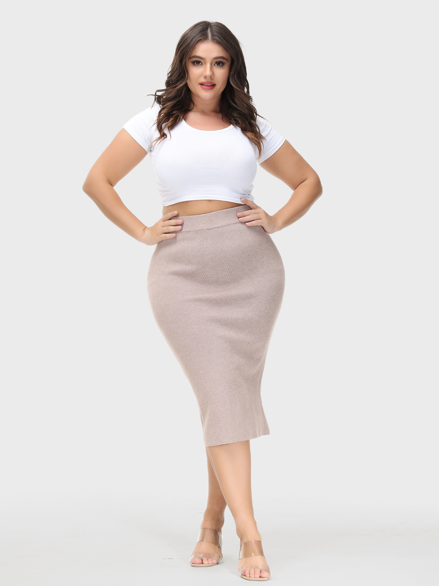 High-Waisted Slit Hip-Wrap Midi Skirt