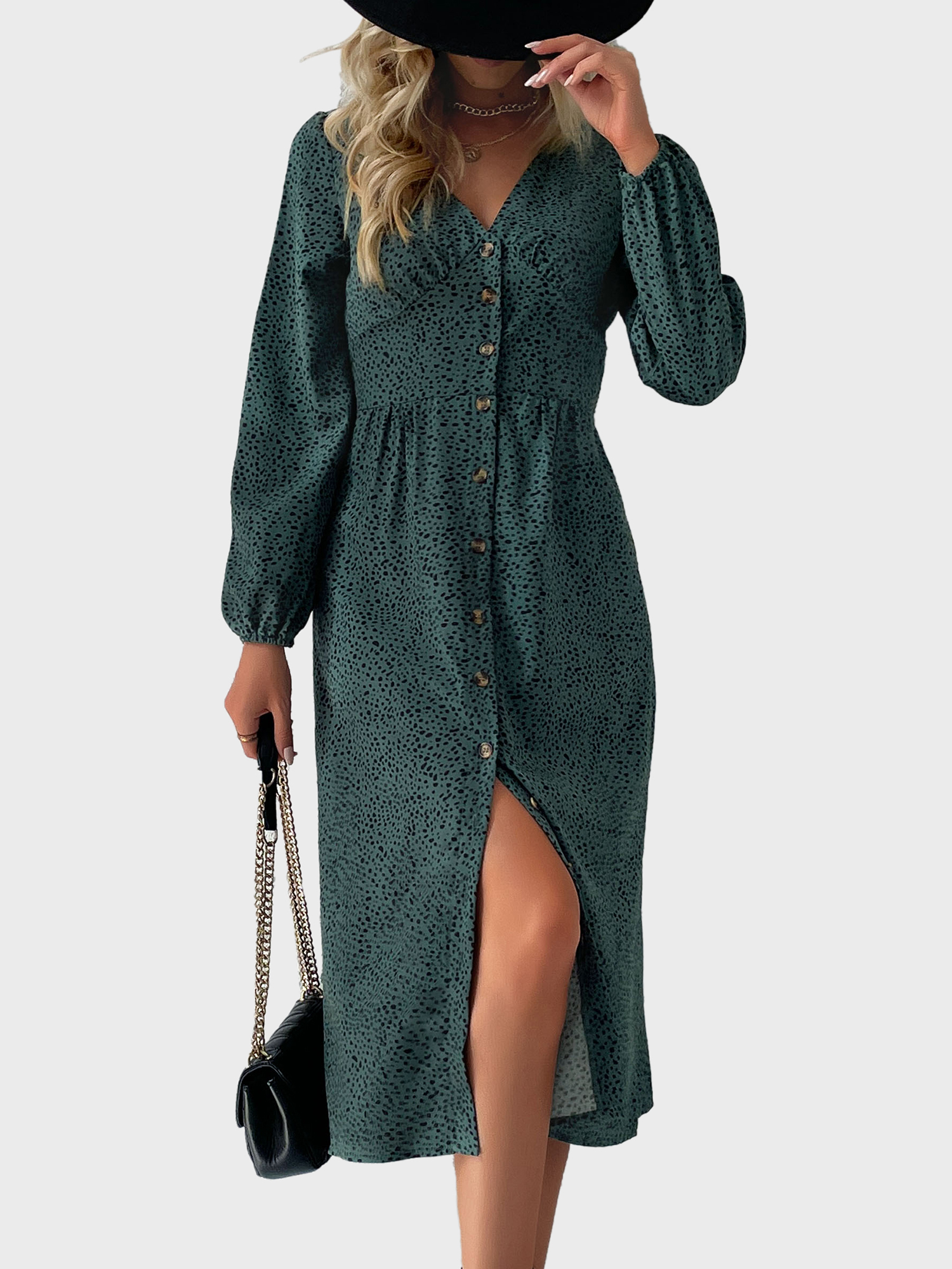 Leopard Printed V-Neck Fitted Button Down Dress